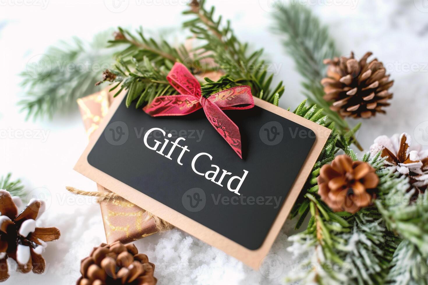 AI generated Gift Card and Christmas decoration on snow photo