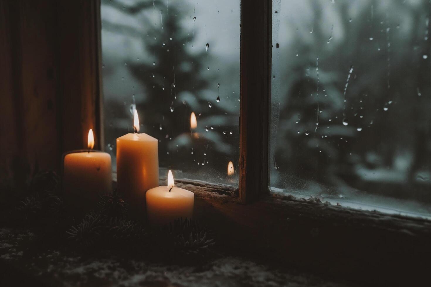 AI generated Christmas decoration with burning candles and fir branches on the windowsill. photo