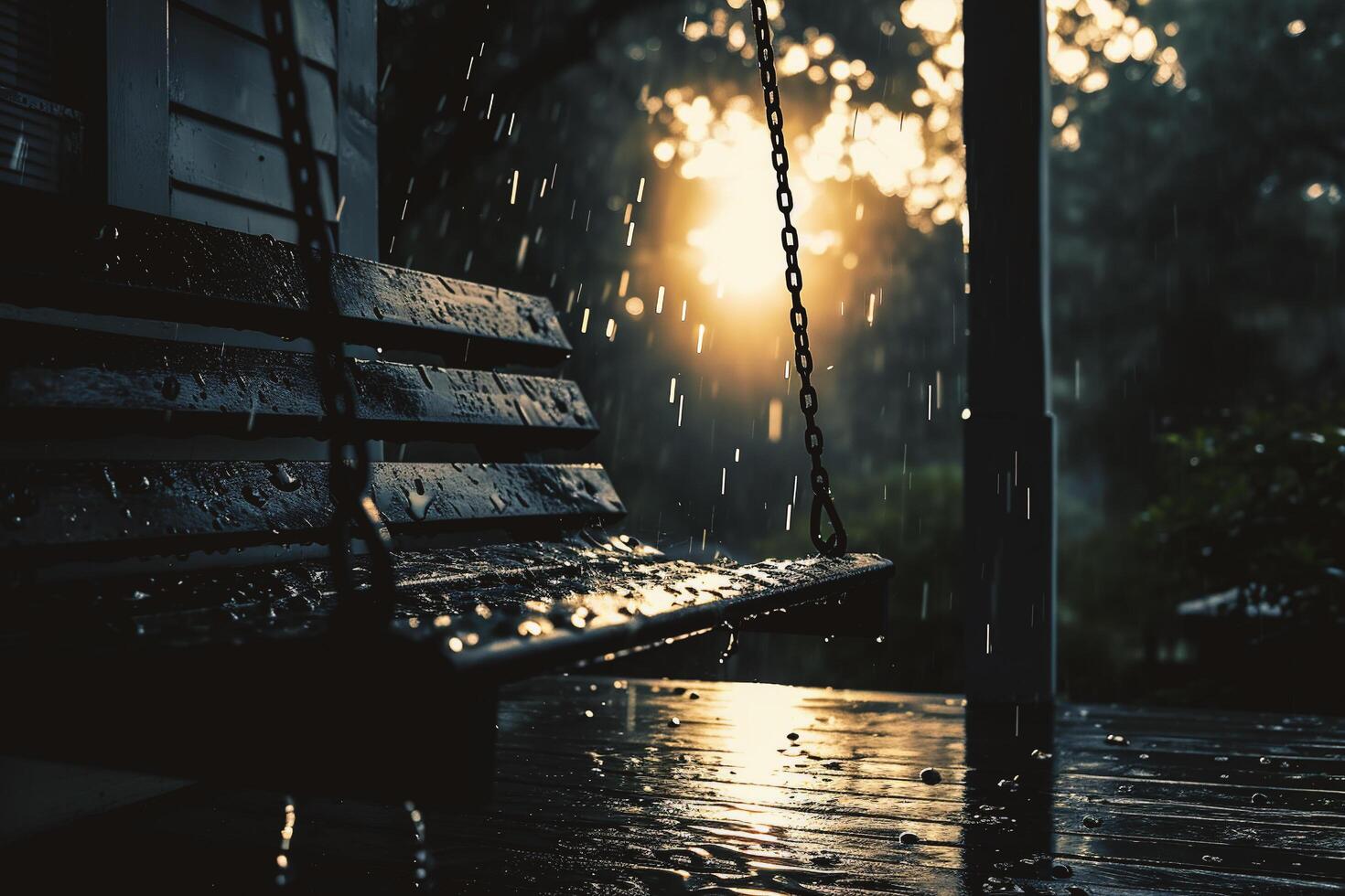 AI generated Rain drops on a wooden swing in the rain. photo