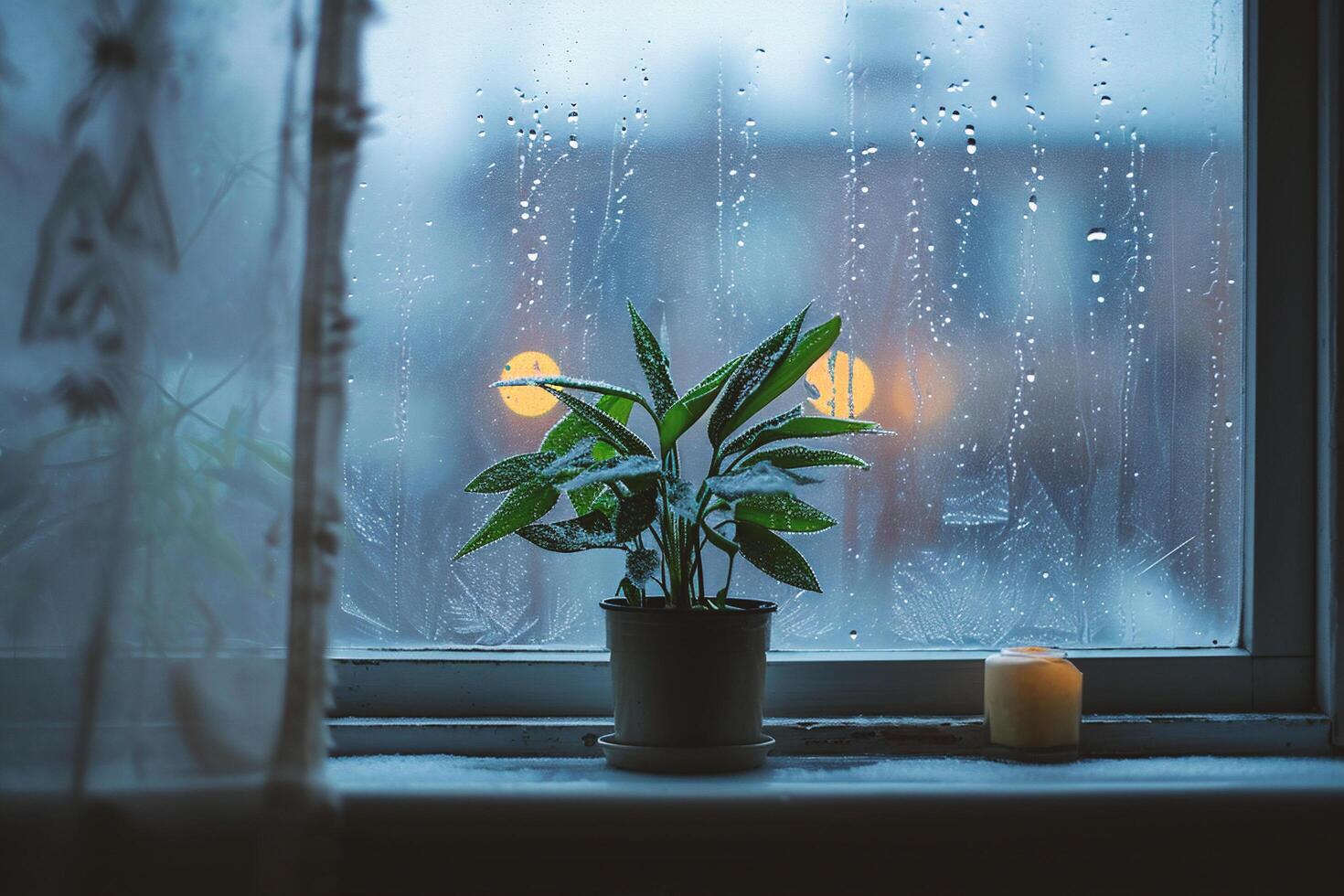 AI generated Plant in a pot on the windowsill with raindrops. photo