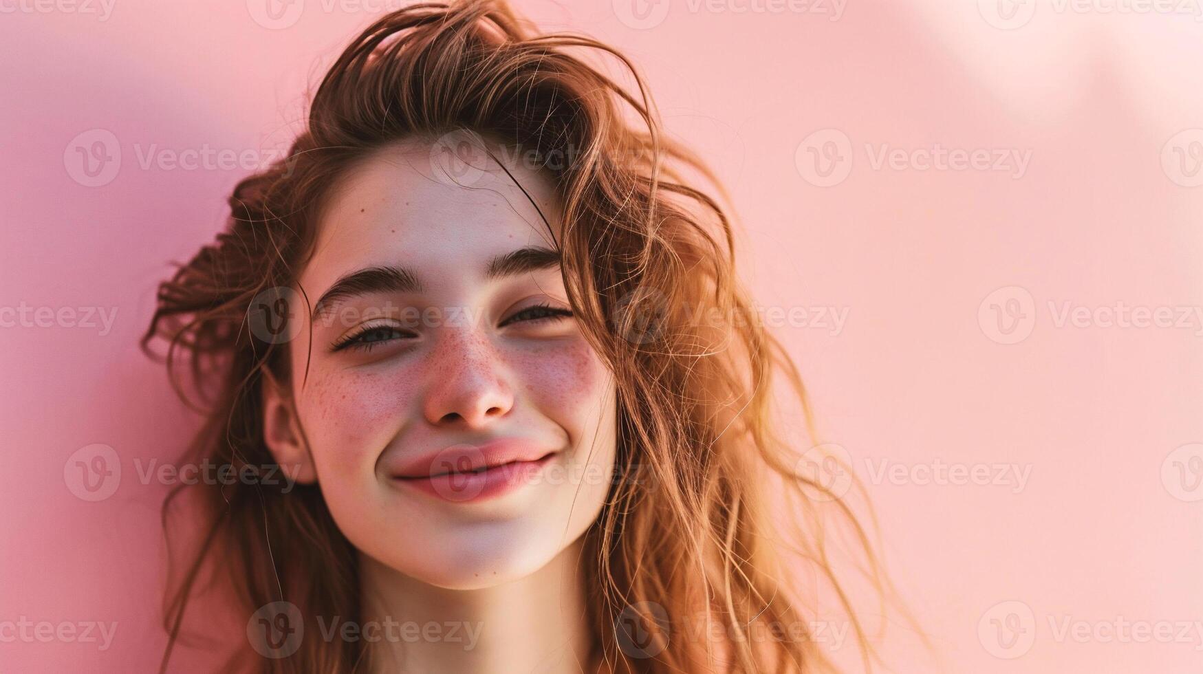 AI generated beautiful young woman in pink sweater looking at camera isolated on pink photo