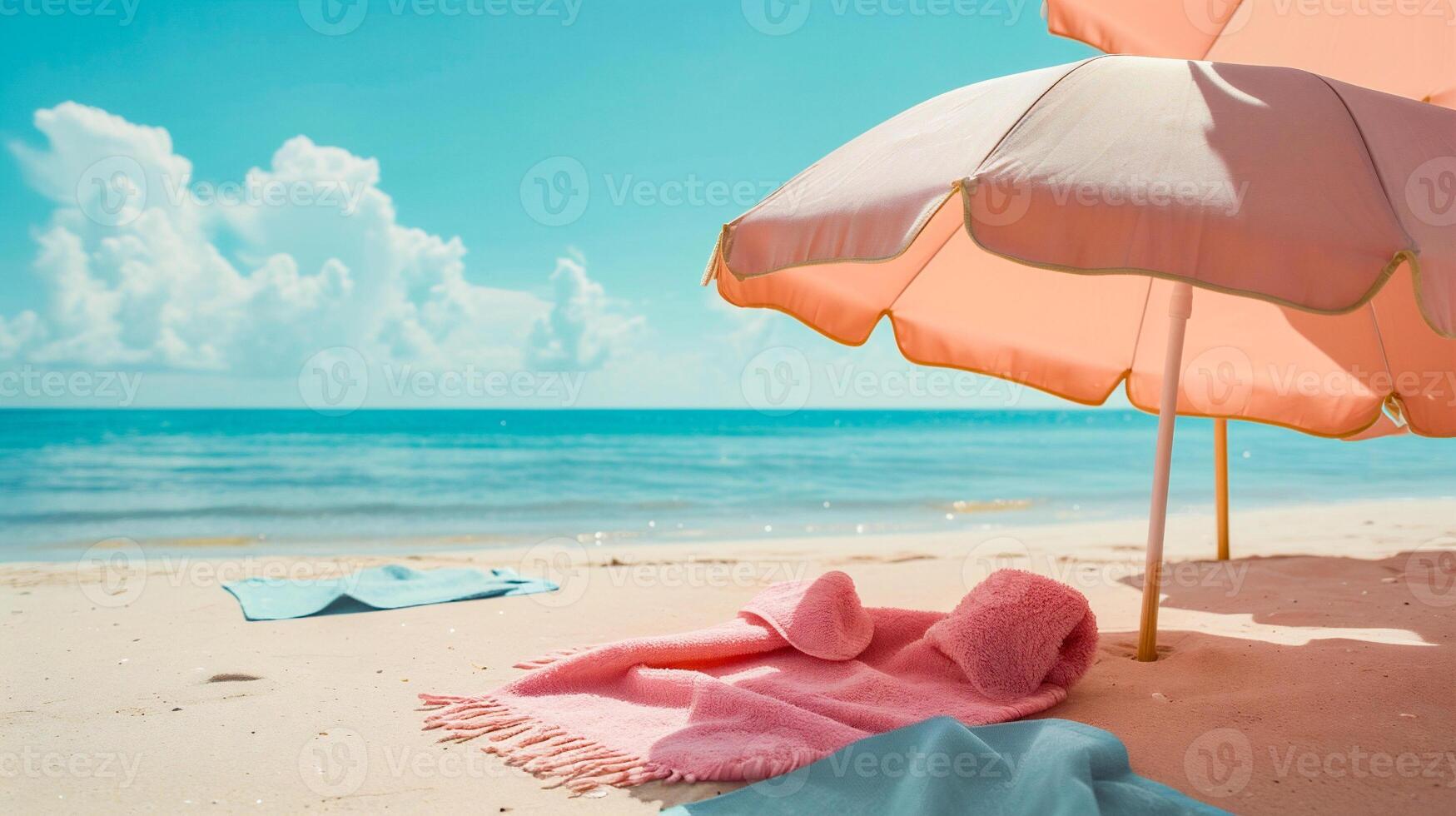 AI generated Two orange umbrellas on the sandy beach, vintage toning photo
