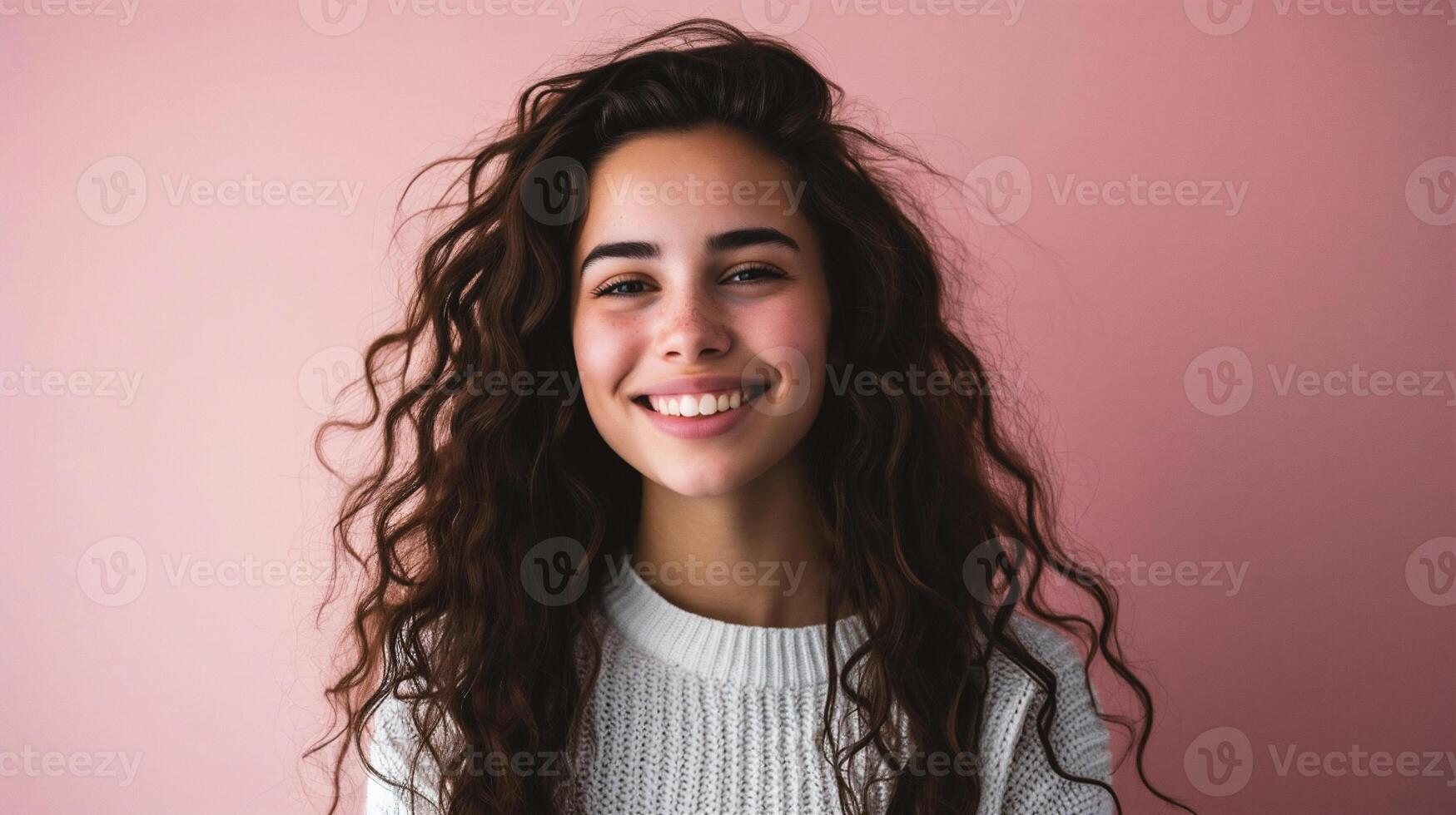 AI generated beautiful young woman in pink sweater looking at camera isolated on pink photo