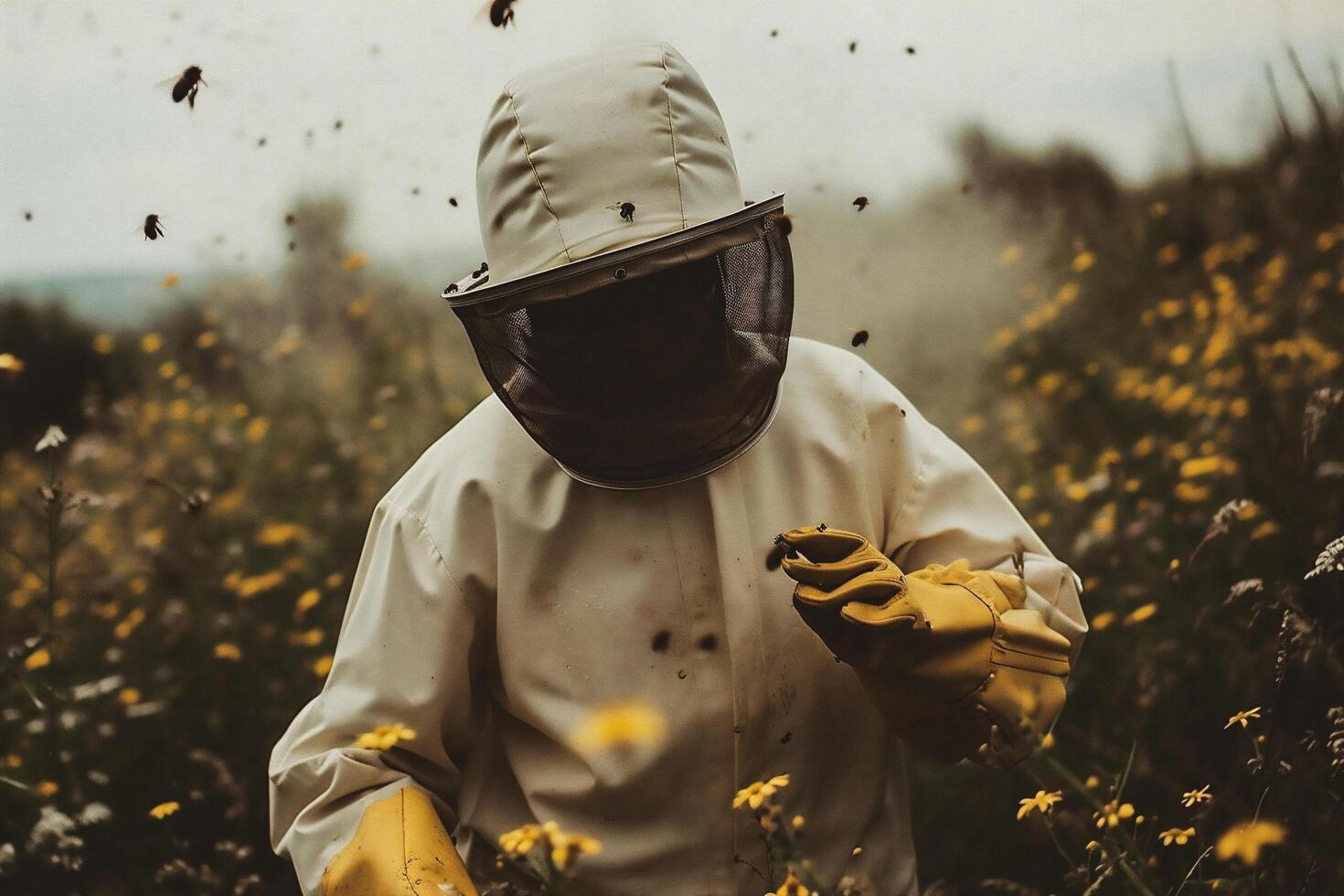 ai generado apicultor en amarillo protector traje y máscara coleccionar miel desde flor campo. foto