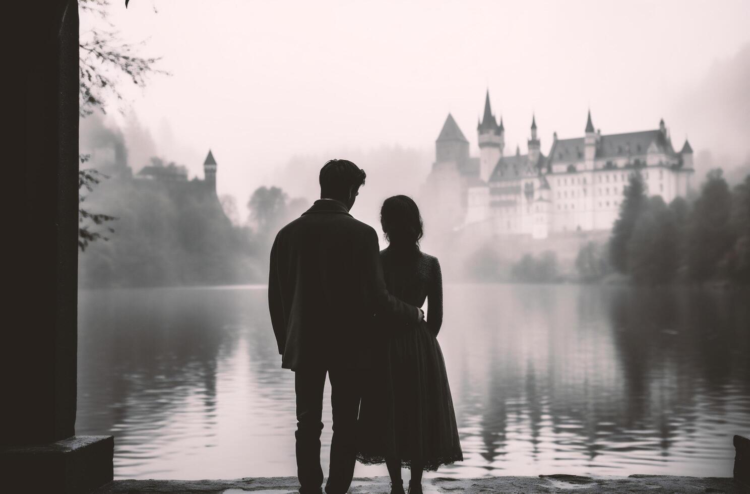 AI generated Wedding couple in front of the castle on a foggy day photo