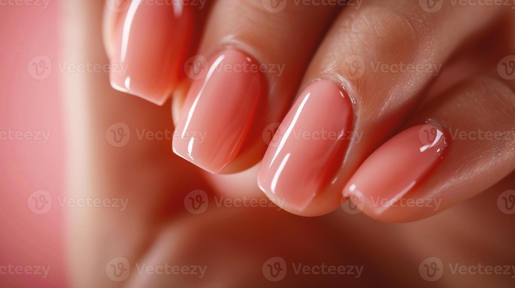AI generated Beautiful female hands with pink nail design. Nail polish manicure. photo