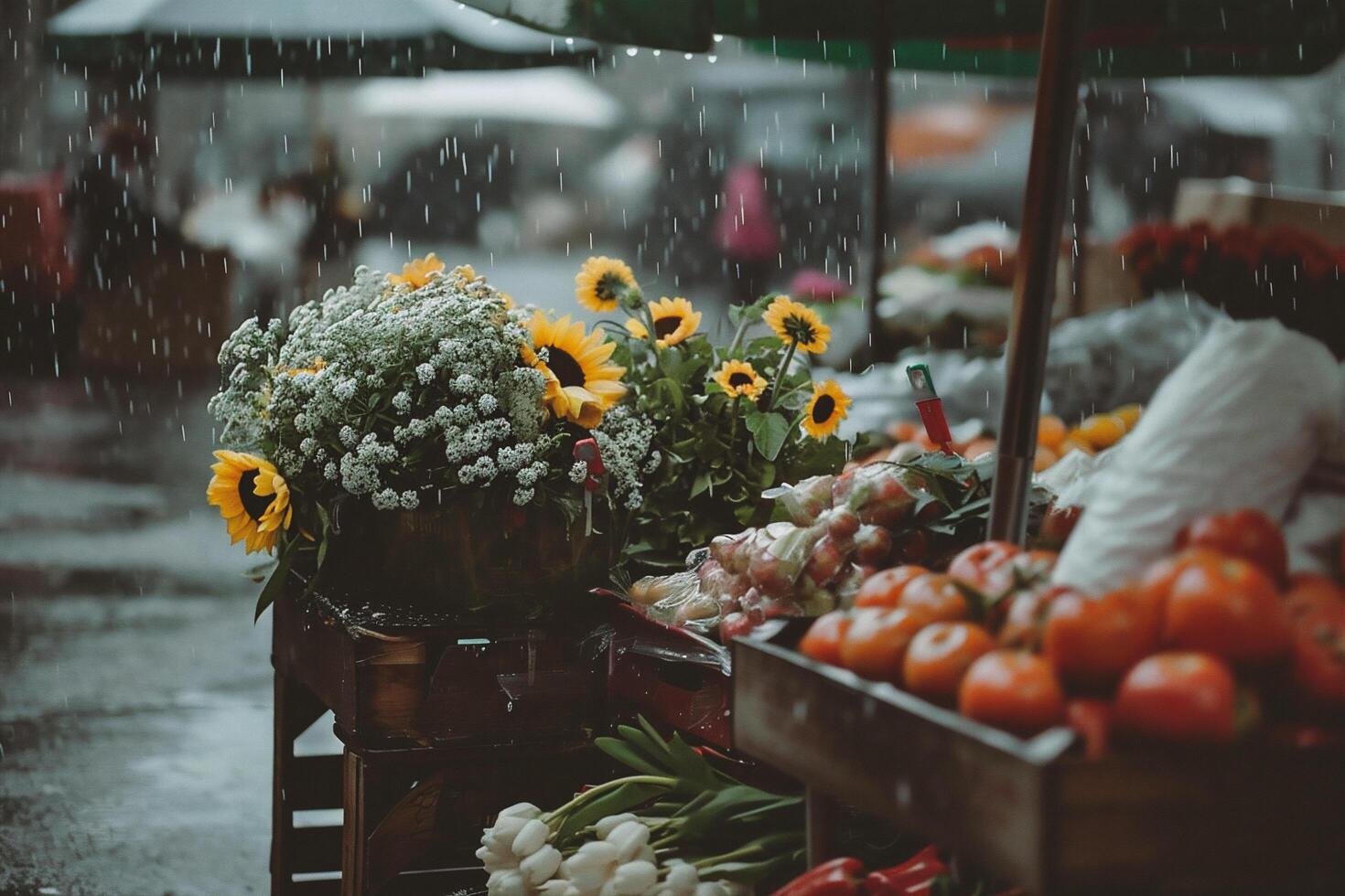 ai generado flores en un mercado puesto en el lluvia con girasoles foto