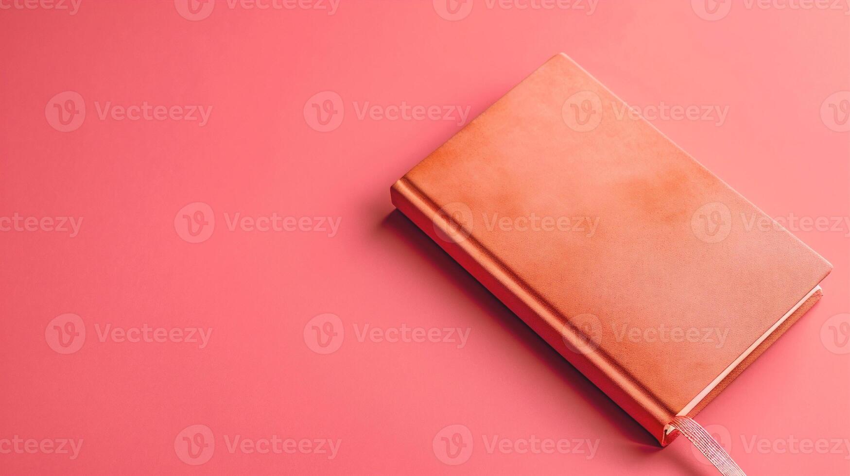 AI generated Notebook on pink background, top view, copy space for text photo