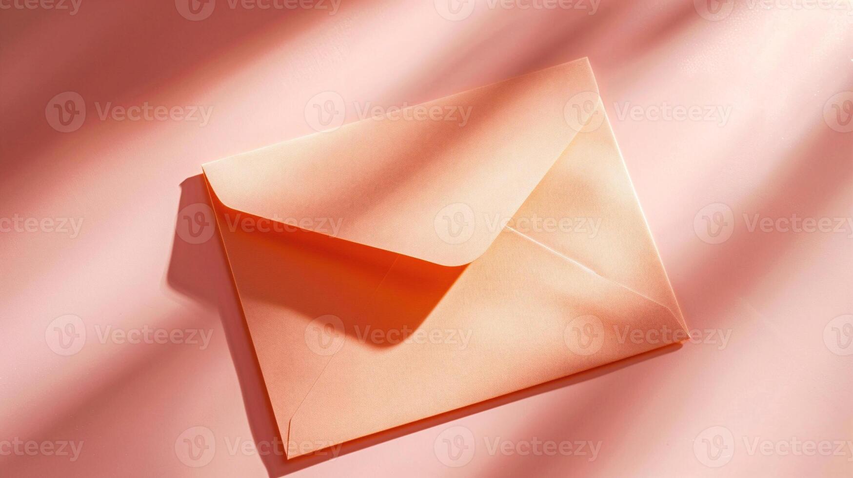 AI generated Top view of pink envelope on pink background. Minimal concept. photo
