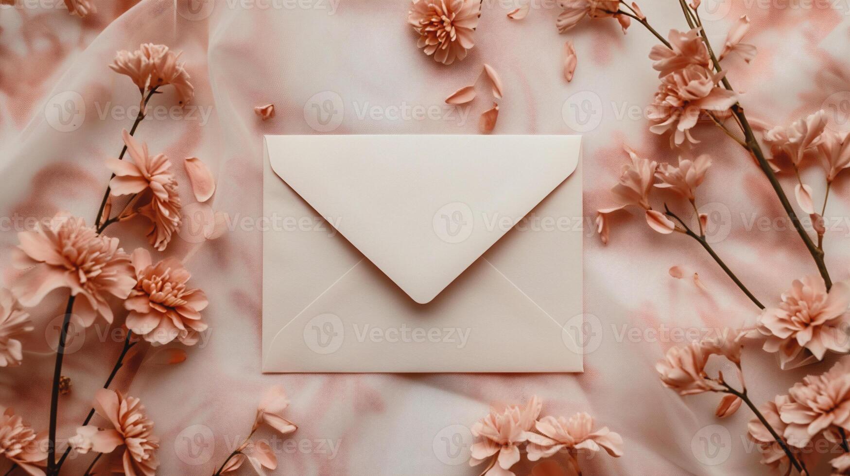 AI generated Top view of pink envelope on pink background. Minimal concept. photo