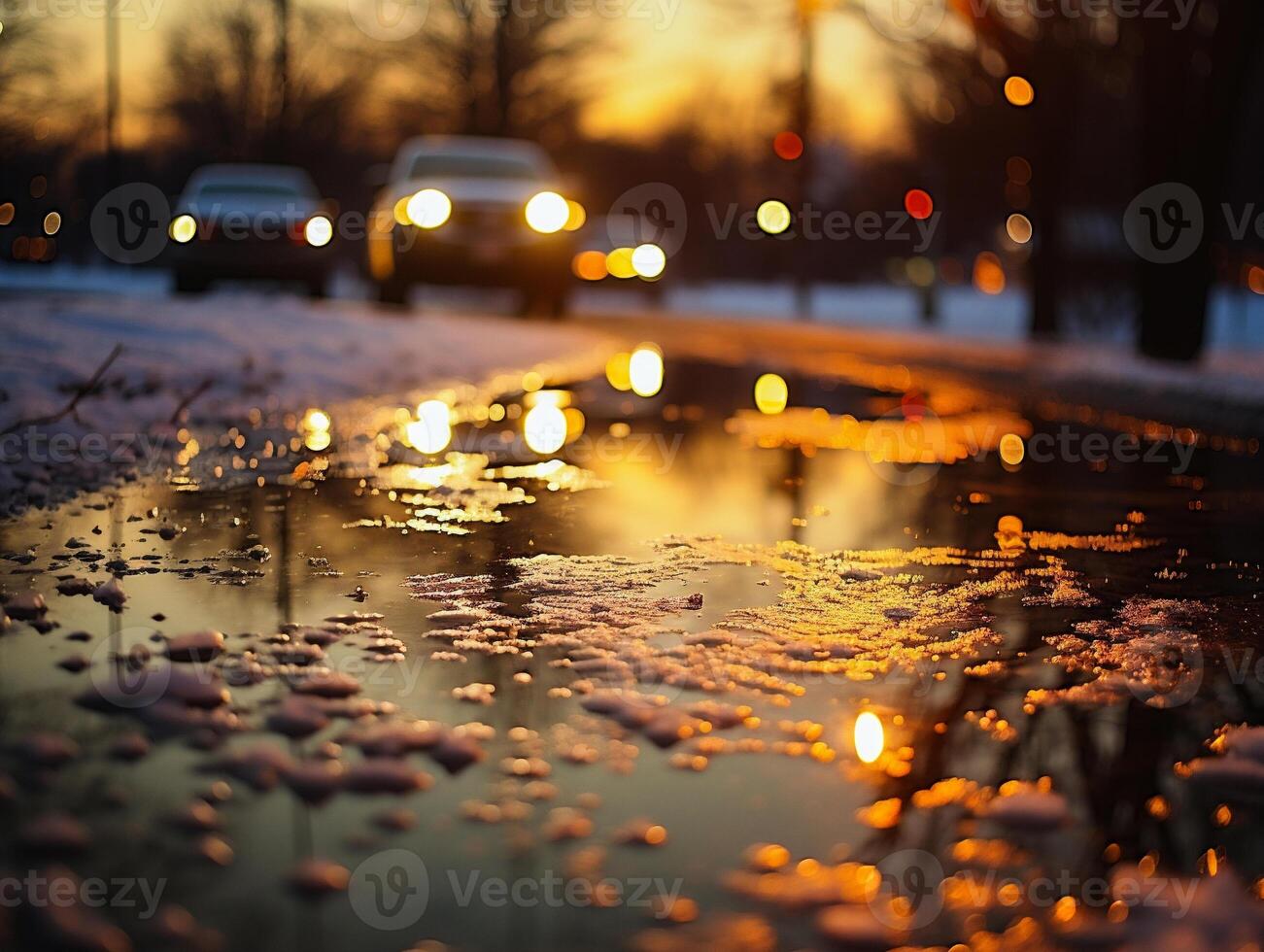 AI generated Reflection of cars in a puddle on a street in winter photo
