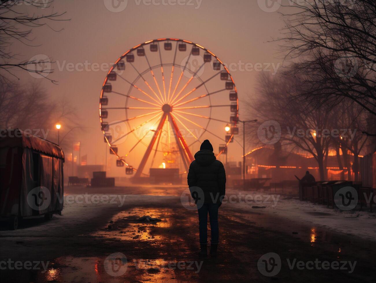 AI generated A man stands in front of a ferris wheel in the fog. photo