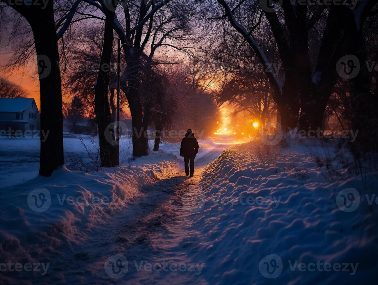 ai generado un hombre caminando en un Nevado la carretera a puesta de sol en el invierno. foto