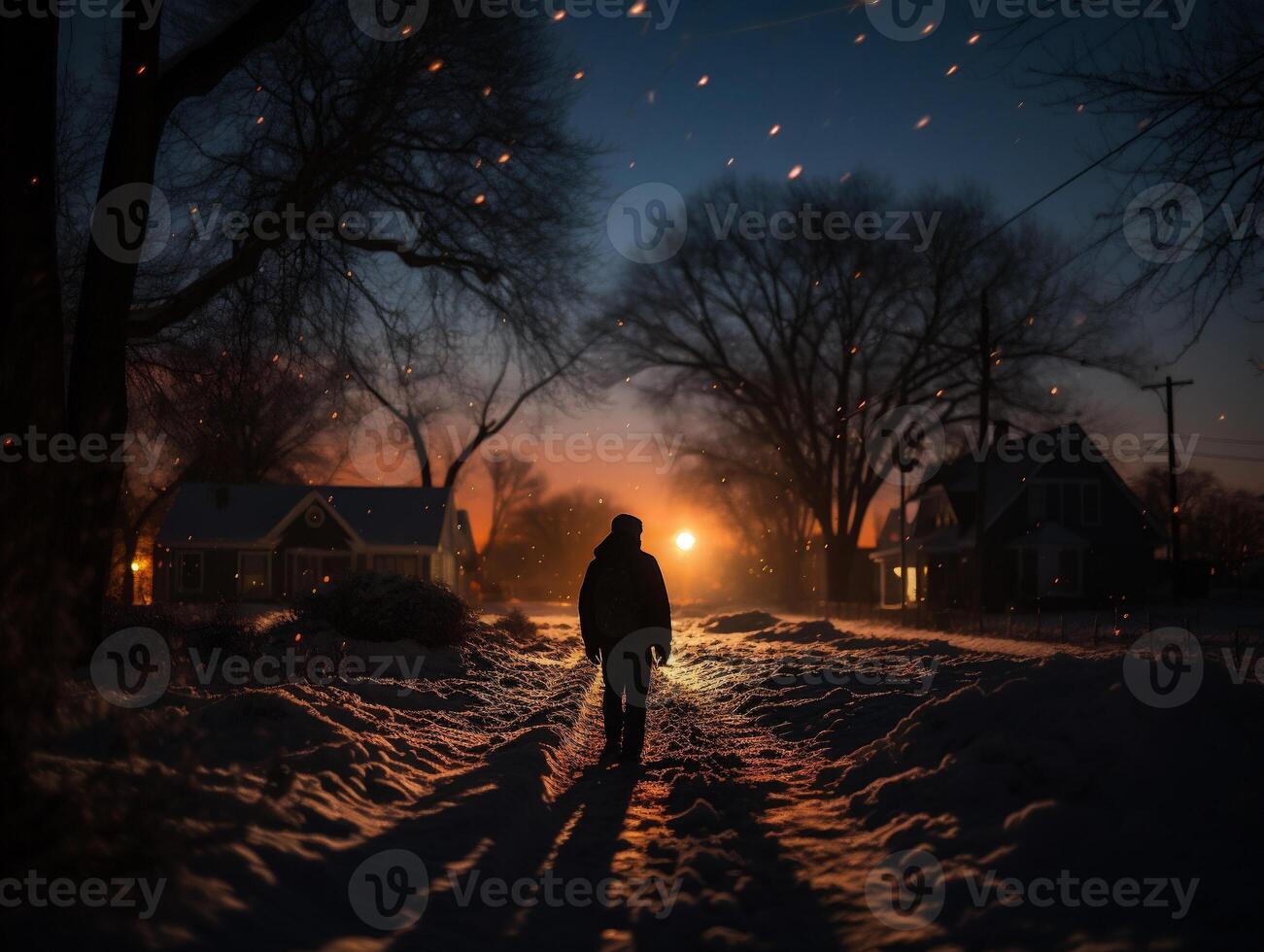 AI generated A man walking on a snowy road at sunset in the winter. photo