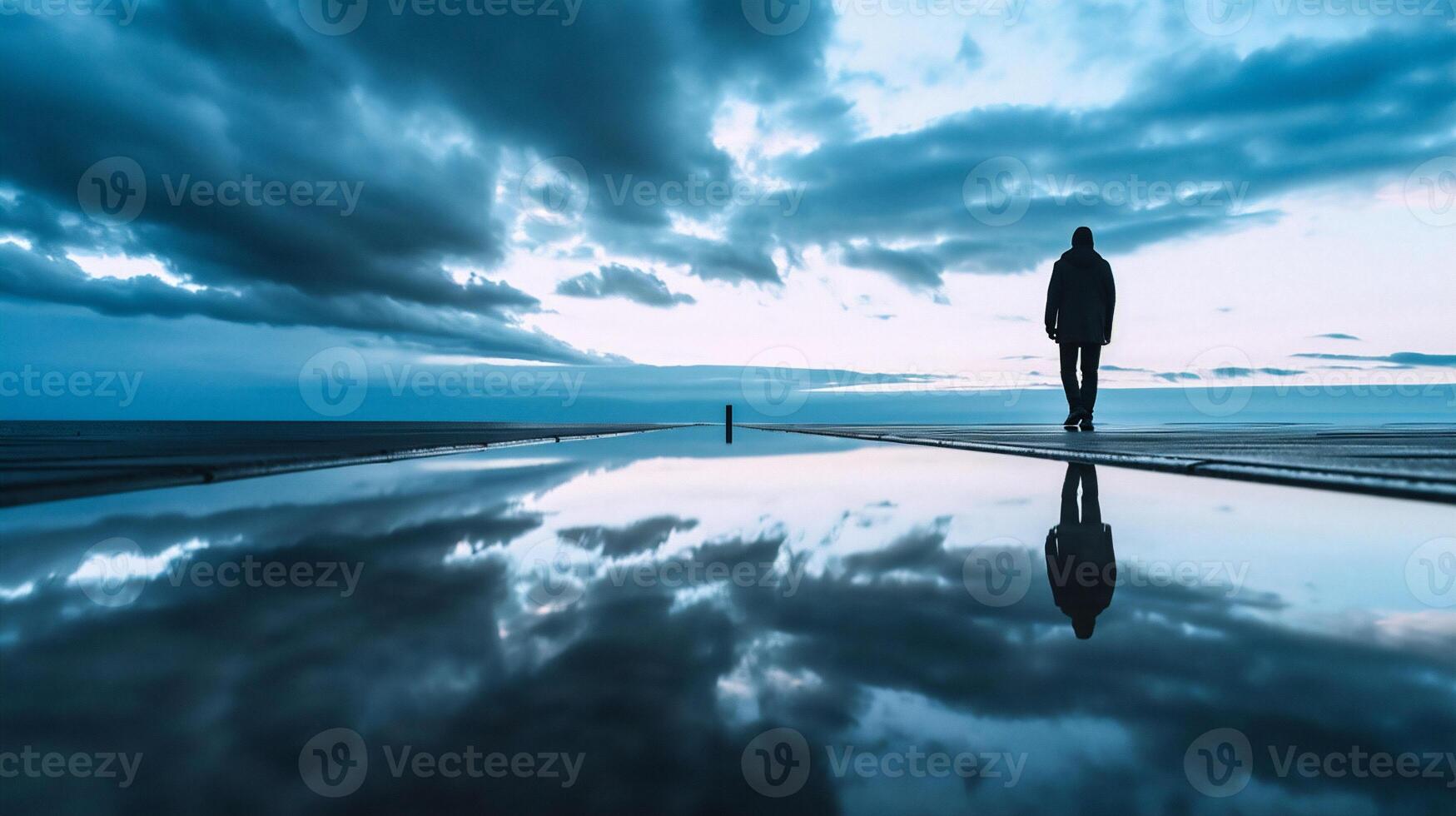 ai generado hombre en pie en el borde de un embarcadero con reflexión en el agua foto