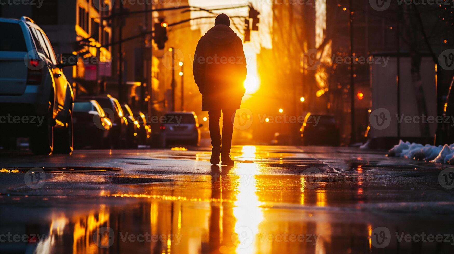 AI generated A man is walking along a wet street in the city at sunset photo