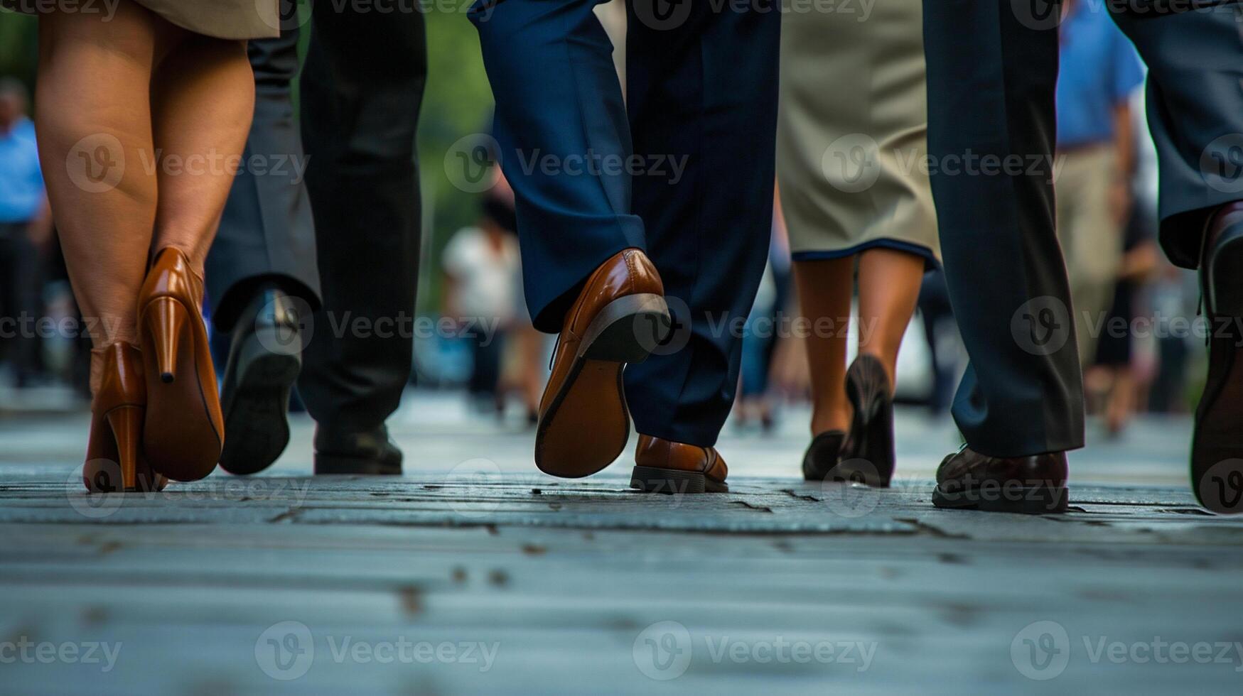 ai generado piernas de negocio personas caminando en un de madera puente en el ciudad foto