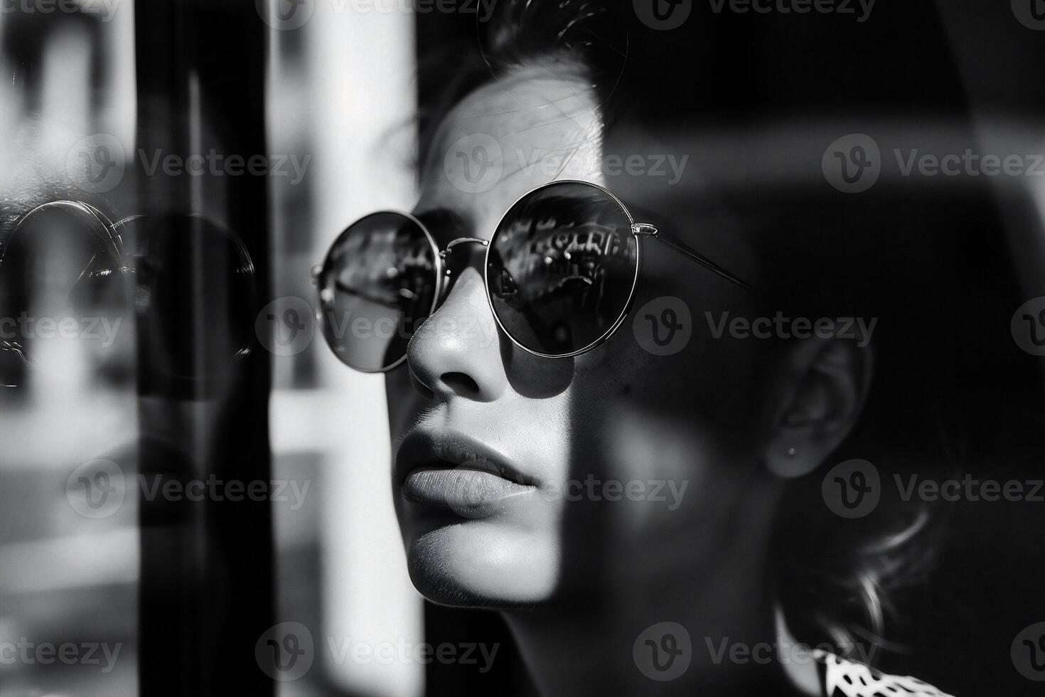 AI generated Black and white portrait of a young woman looking out the window. photo