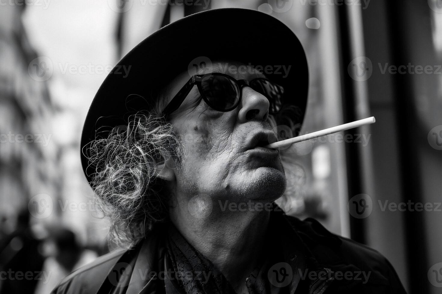 ai generado antiguo hombre de fumar cigarrillo en el ciudad. negro y blanco foto. foto