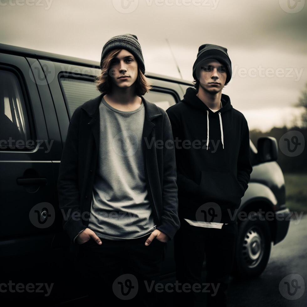 AI generated Two young men standing next to a car and looking at the camera photo