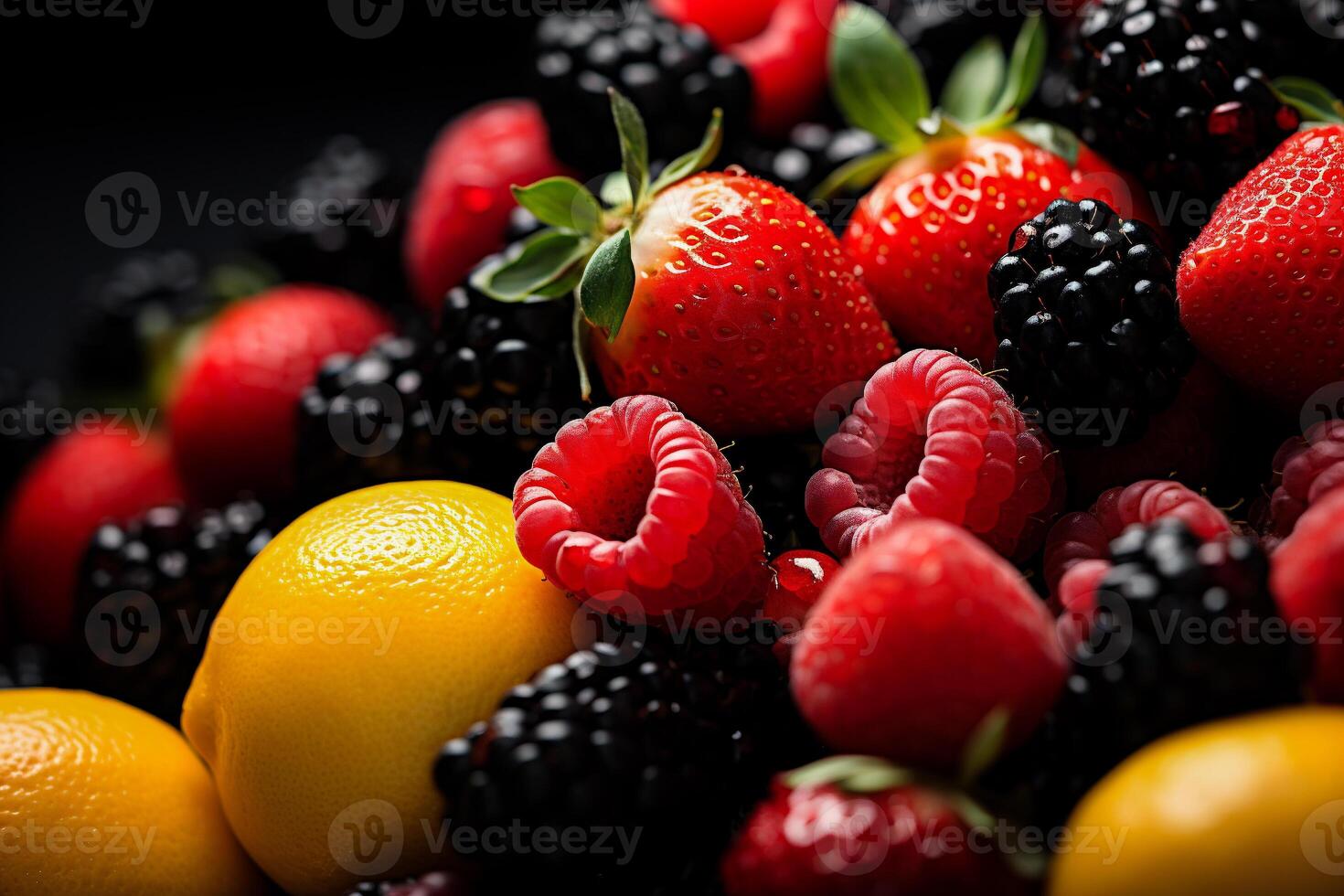 AI generated Close up of fresh fruits and berries on black background. Healthy food concept. photo