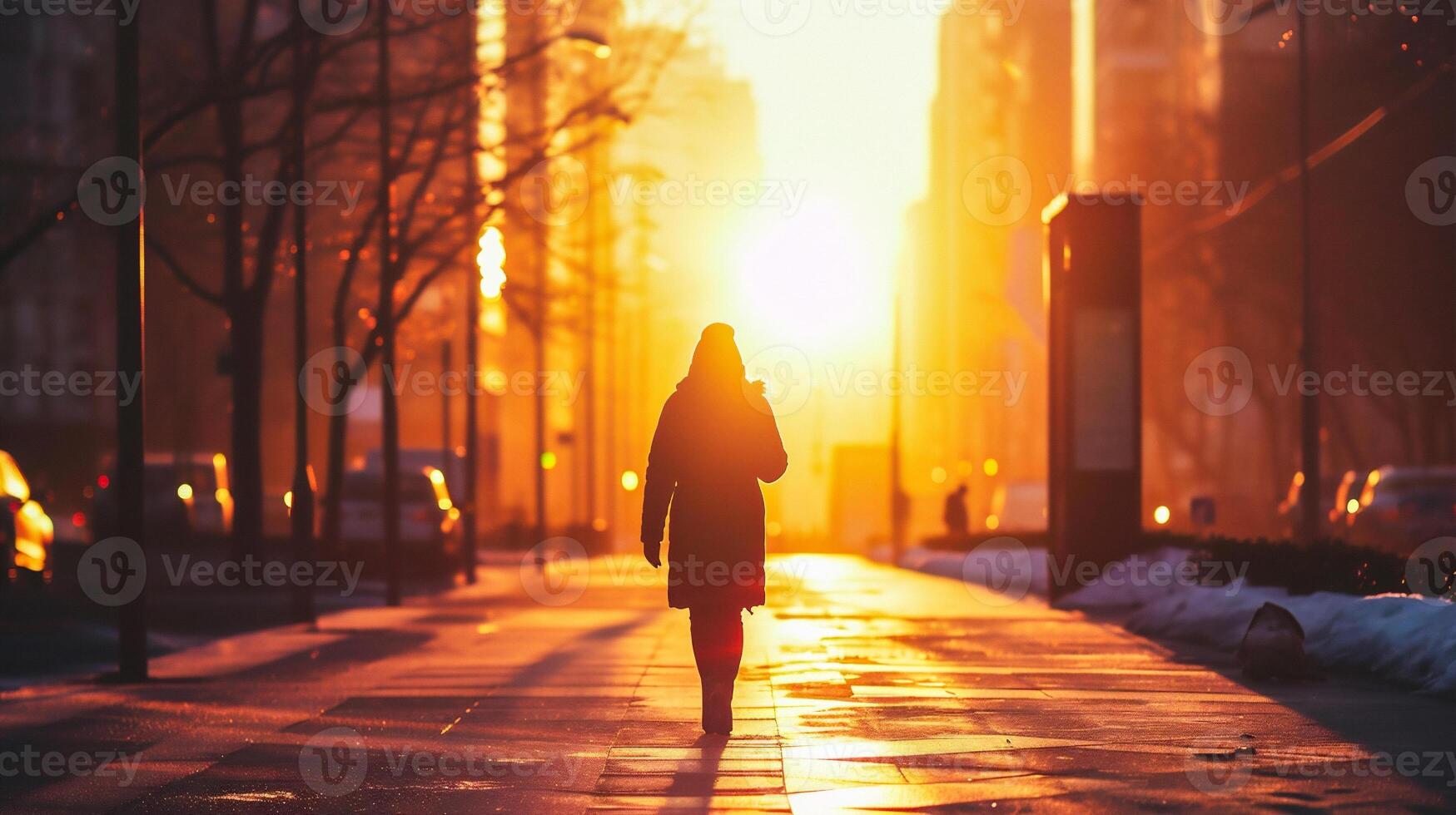 AI generated Silhouette of a woman walking in the city at sunset. photo