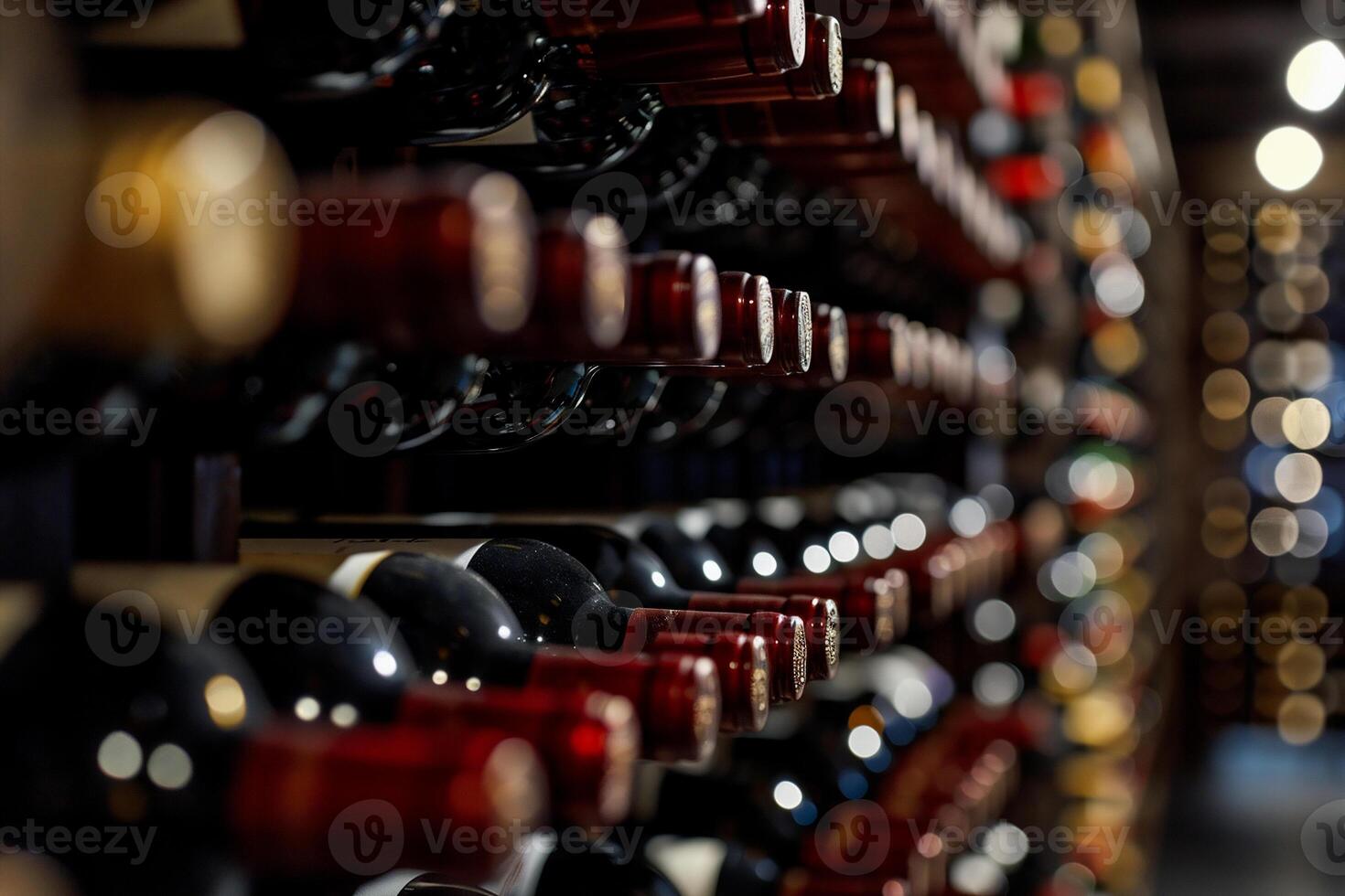 ai generado vino botellas en un vino cava, de cerca, selectivo atención foto