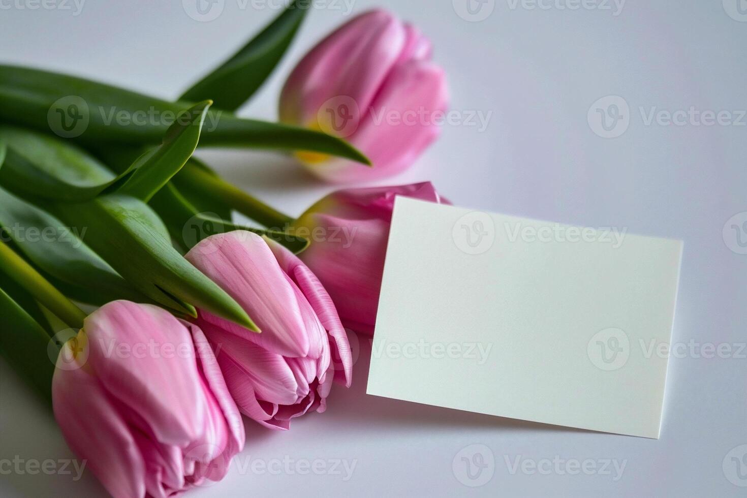 AI generated Bouquet of pink tulips with greeting card on white background photo