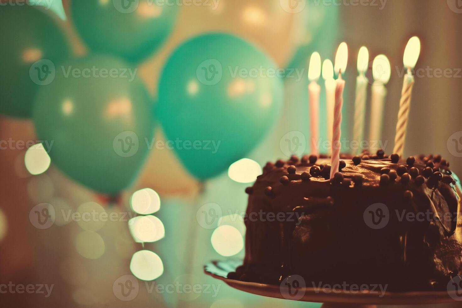 AI generated Birthday cake with burning candle on colorful bokeh lights background photo