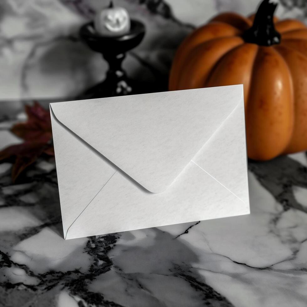 AI generated Halloween concept. White paper envelope on a marble background with pumpkins photo