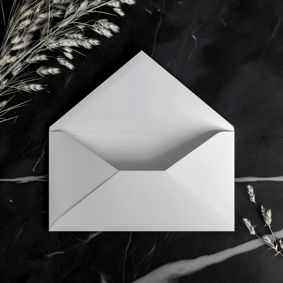 AI generated Envelope on black marble background. Flat lay, top view photo