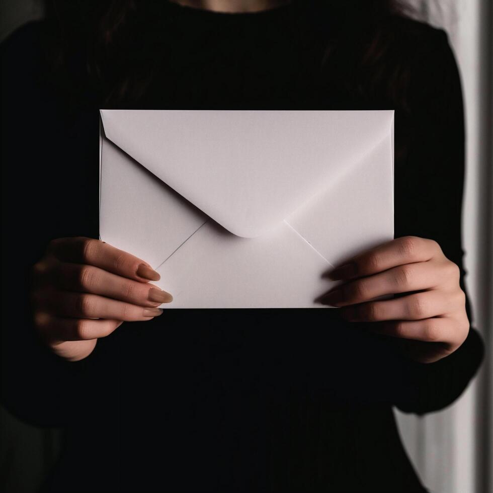 AI generated Close up of woman holding a white envelope with blank space for text photo