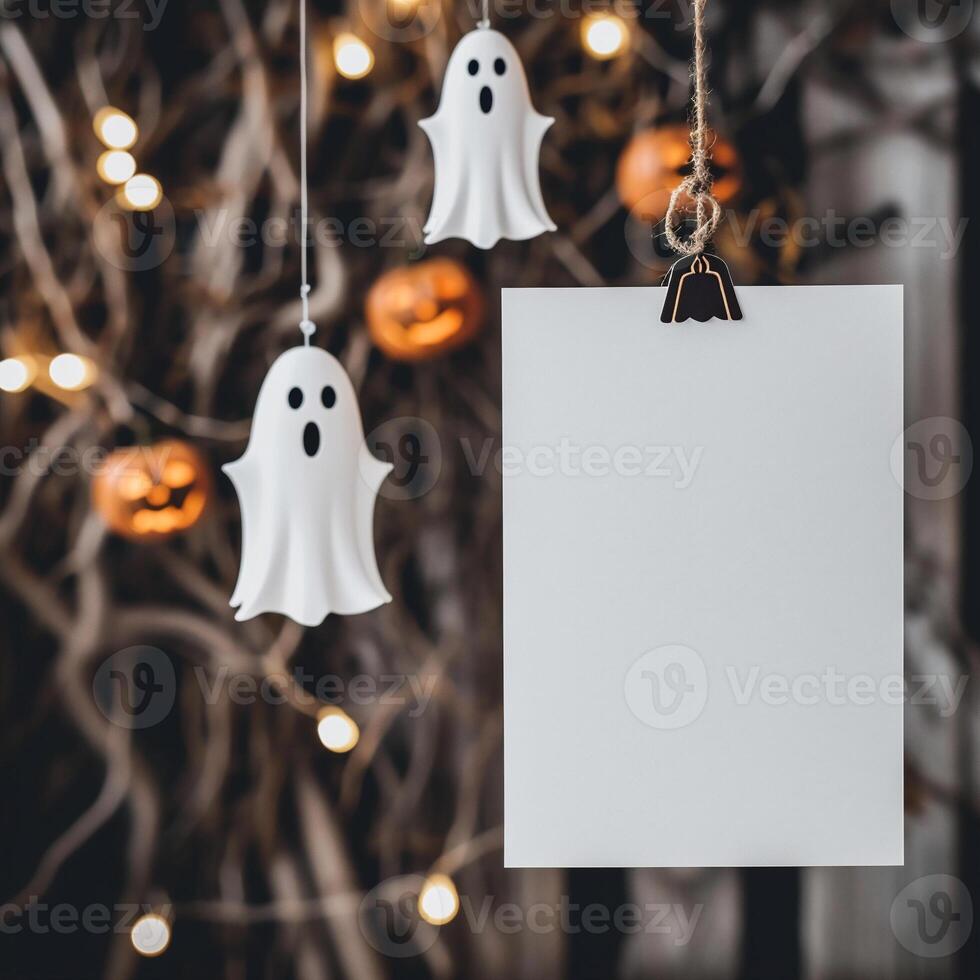 AI generated Halloween background with blank paper sheet, ghosts and pumpkins on wooden background photo