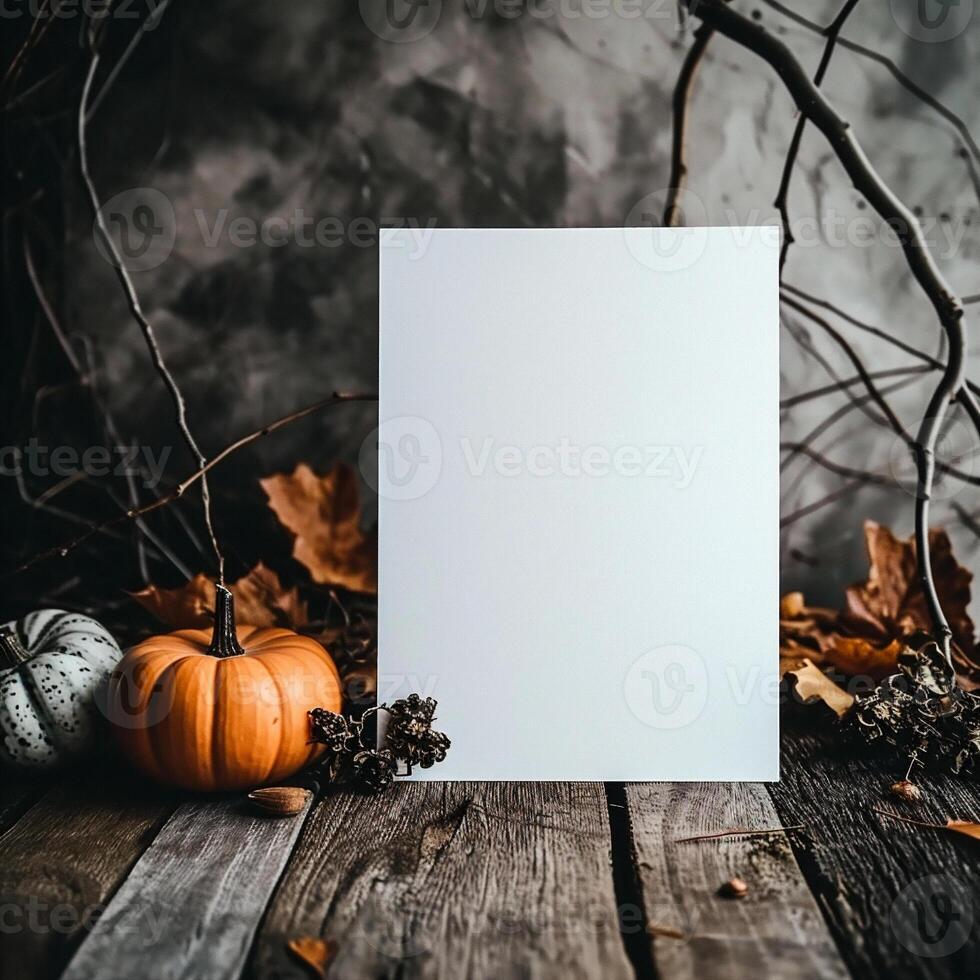 AI generated Halloween background with blank paper sheet, ghosts and pumpkins on wooden background photo