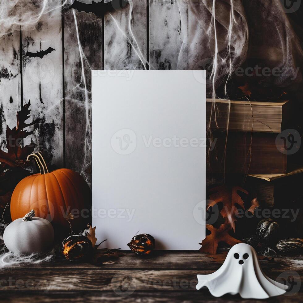 AI generated Halloween background with blank paper sheet, ghosts and pumpkins on wooden background photo