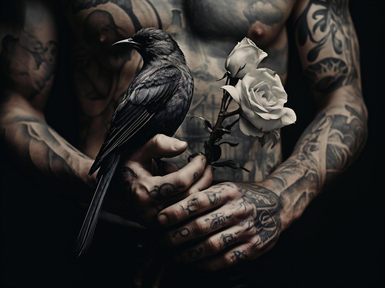 AI generated tattooed man holding a black bird and a rose photo