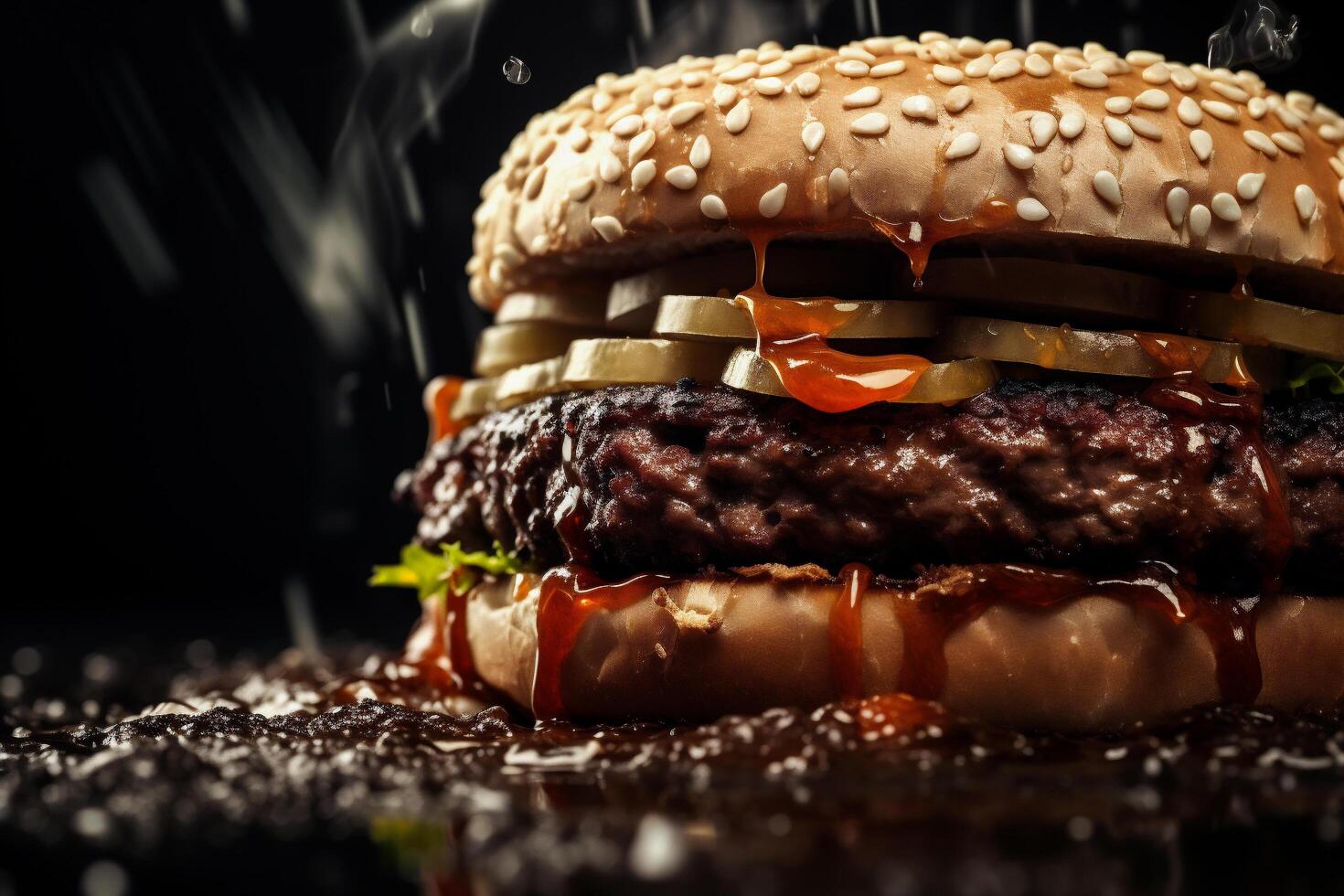 AI generated Big tasty cheeseburger with beef patty and vegetables on black background photo