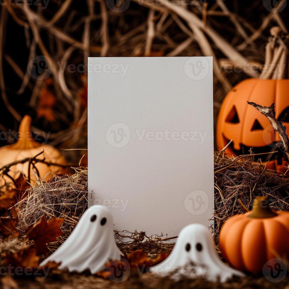 AI generated Halloween background with blank paper sheet, ghosts and pumpkins on wooden background photo