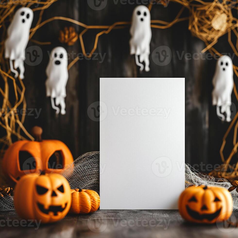 AI generated Halloween background with blank paper sheet, ghosts and pumpkins on wooden background photo