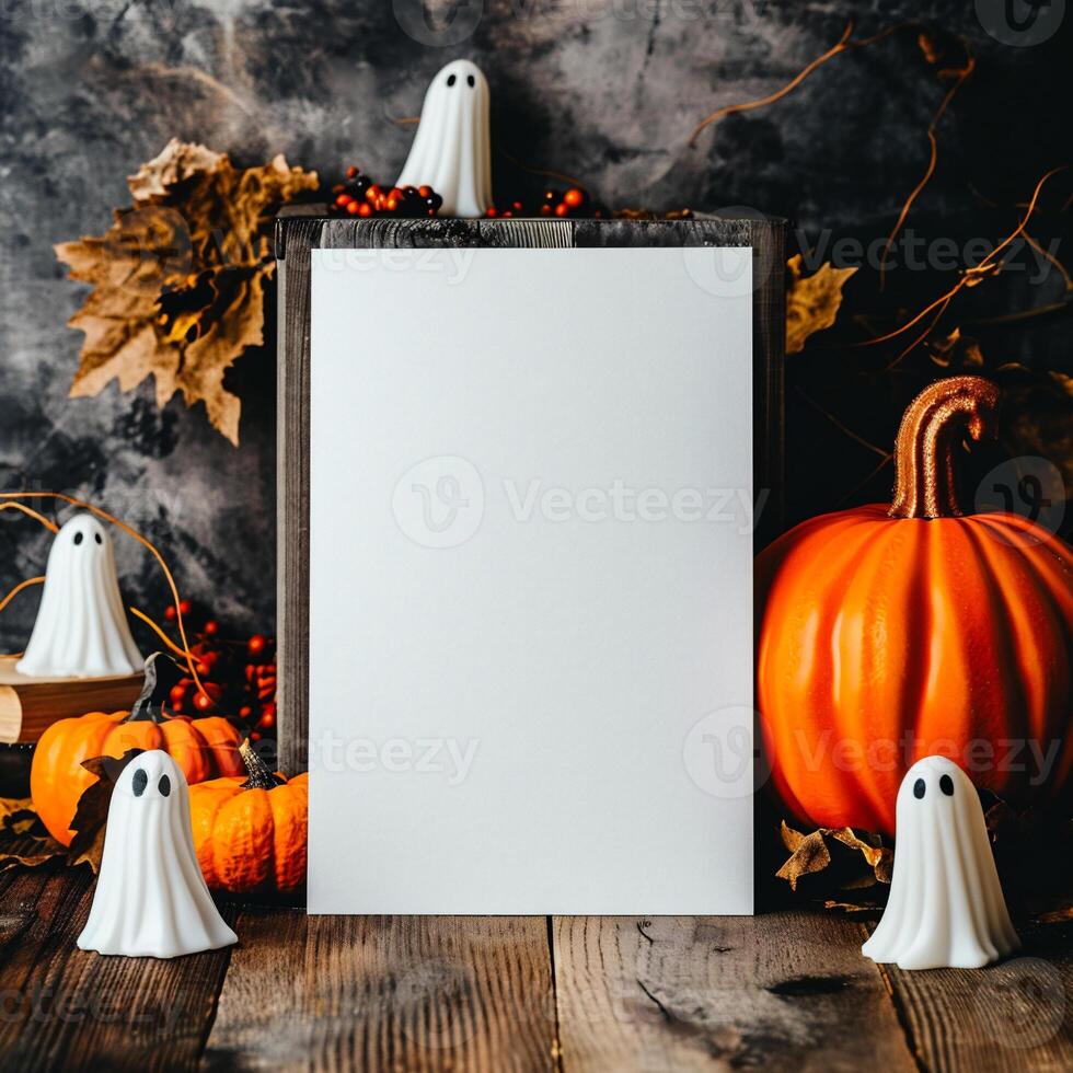 AI generated Halloween background with blank paper sheet, ghosts and pumpkins on wooden background photo