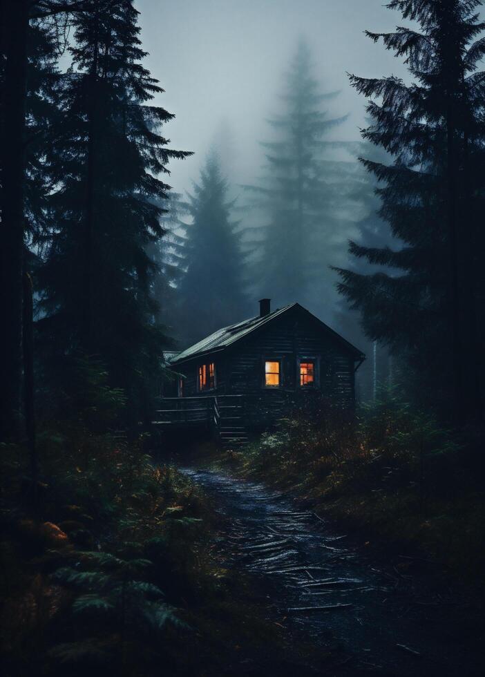 AI generated Wooden cottage in the foggy forest at night. photo