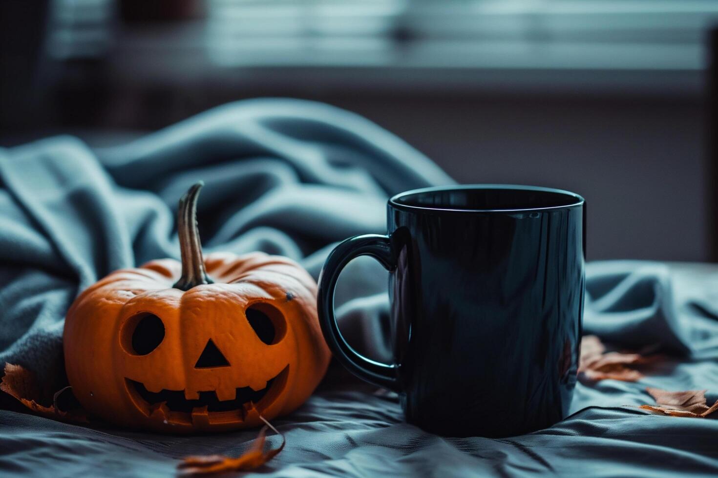 AI generated Halloween pumpkin with black cup of coffee or tea on bed. photo