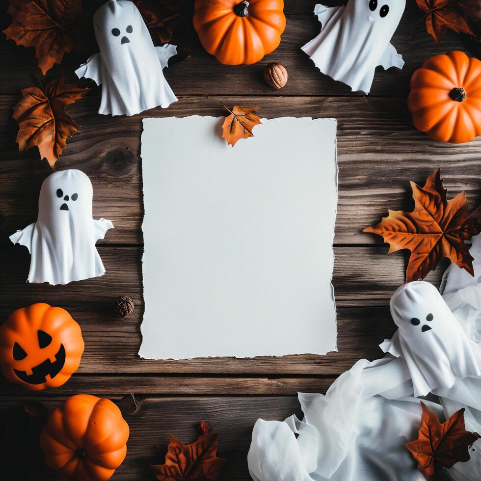 AI generated Halloween holiday background with white ghosts, pumpkins and leaves on rustic wooden table photo