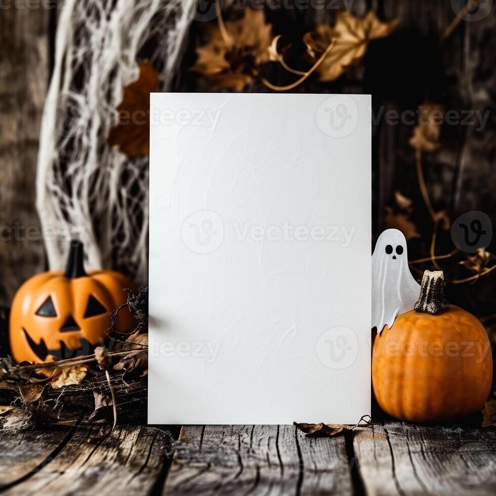 AI generated Halloween decoration with pumpkins, ghosts and spiders on wooden background photo