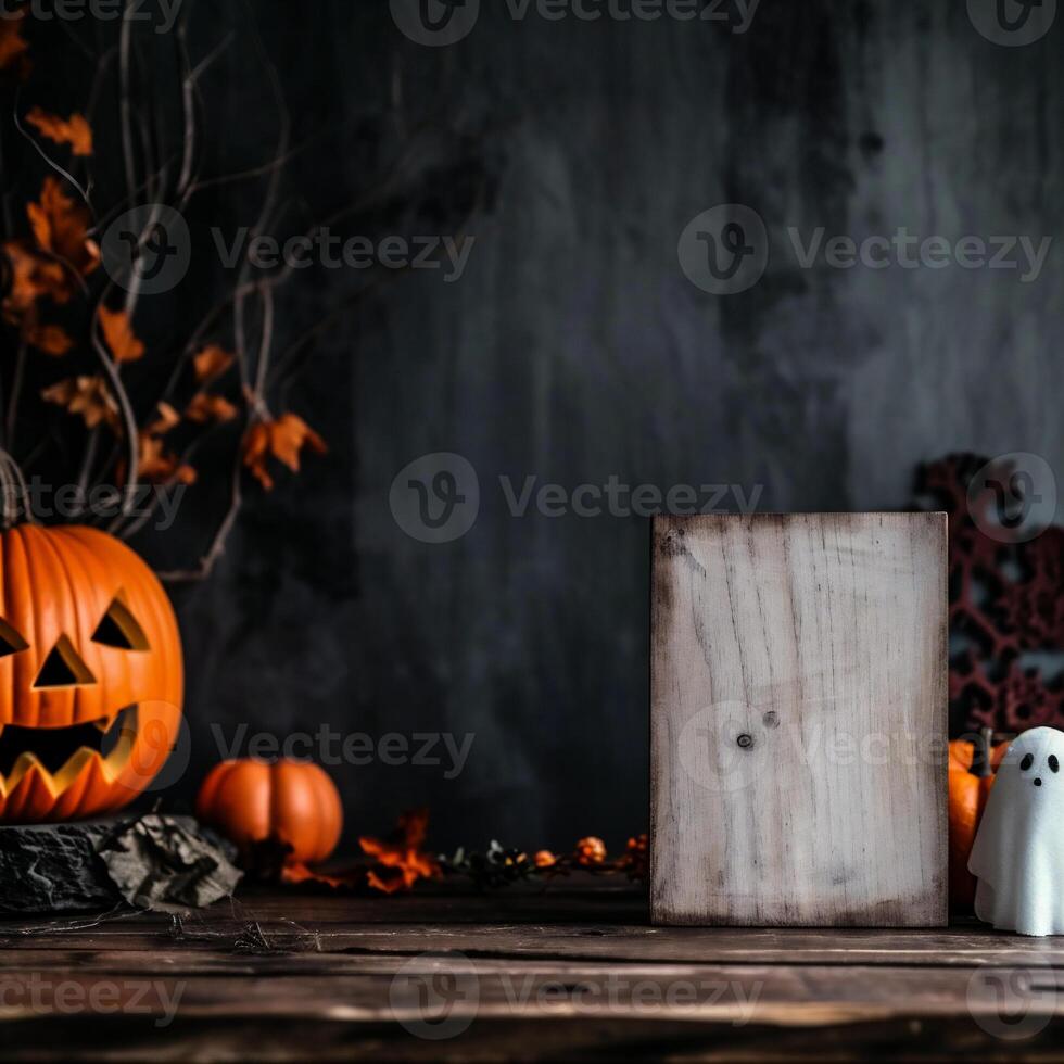 AI generated Halloween decoration with pumpkins, ghosts and spiders on wooden background photo