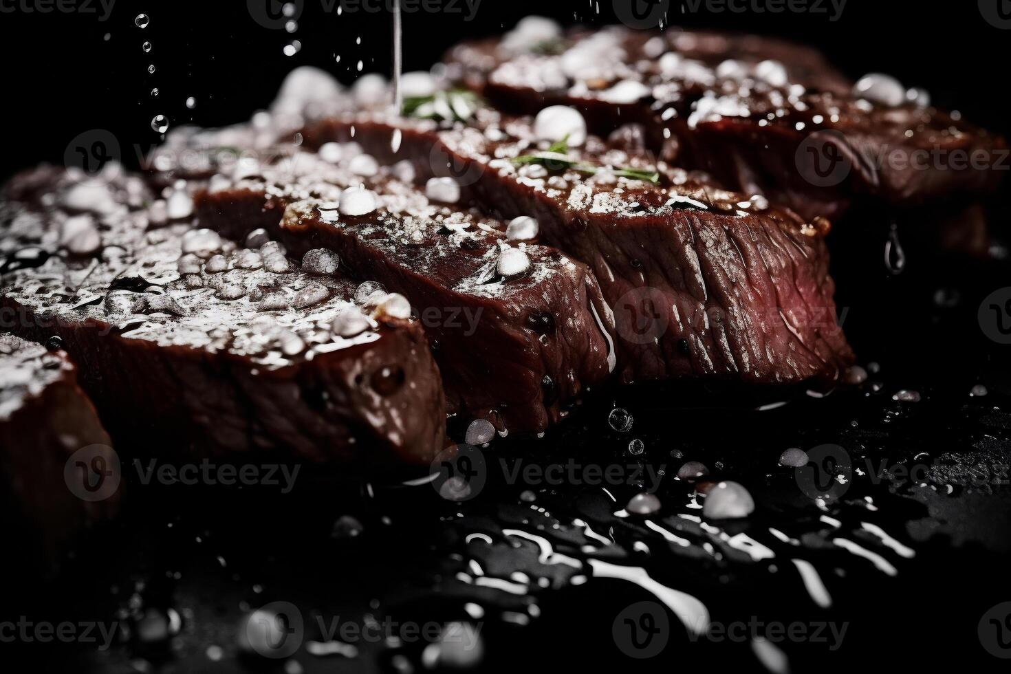 AI generated Beef steak with water drops on a black background photo