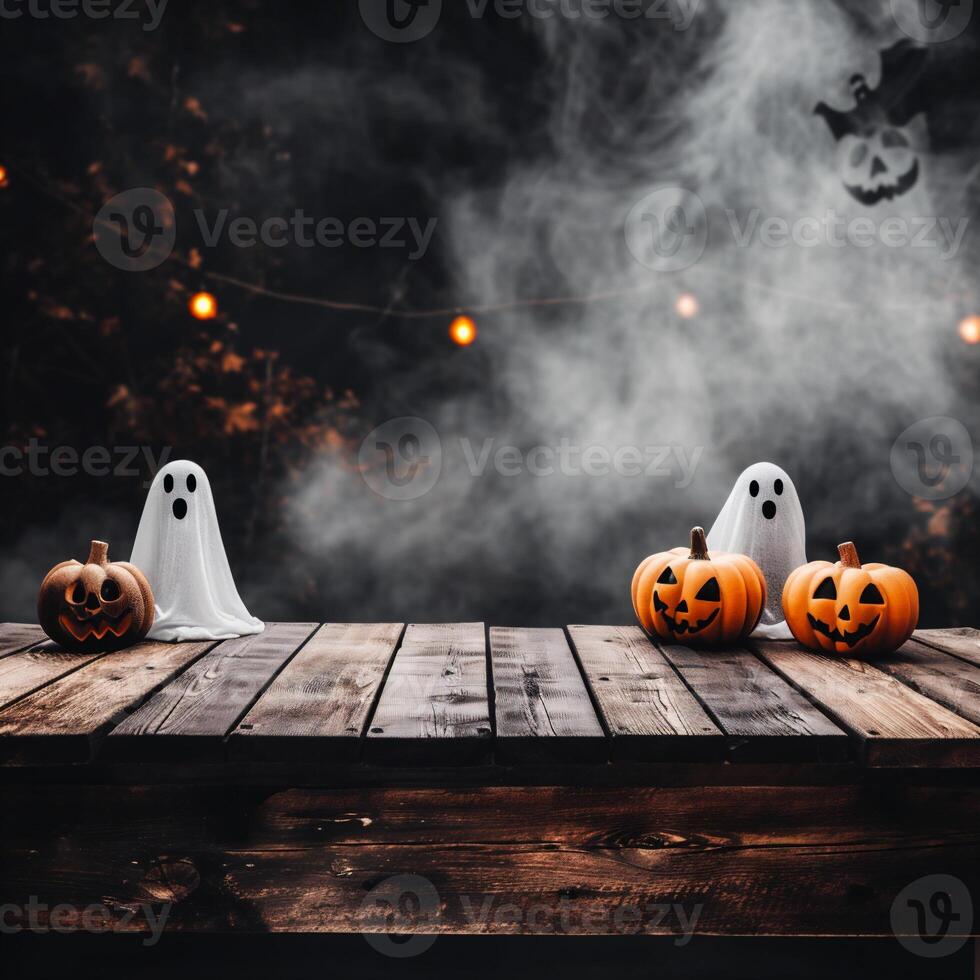 AI generated Halloween decoration with pumpkins, ghosts and spiders on wooden background photo