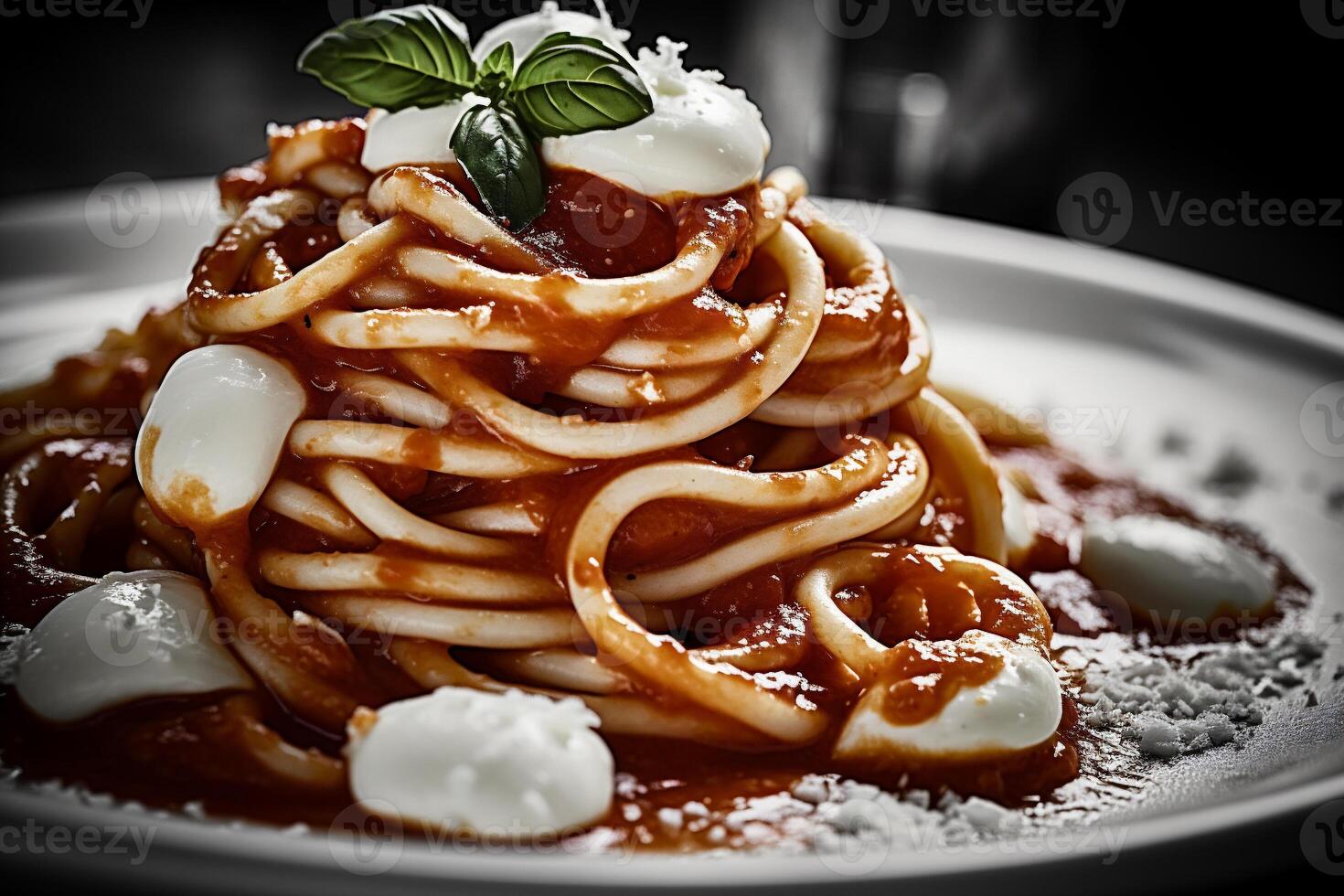 AI generated Italian pasta tagliatelle with cream sauce on a black background photo