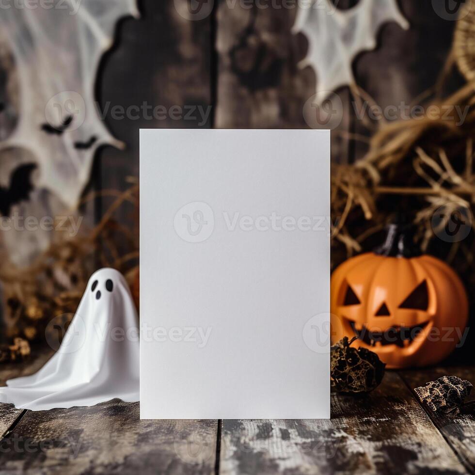 AI generated Halloween decoration with pumpkins, ghosts and spiders on wooden background photo