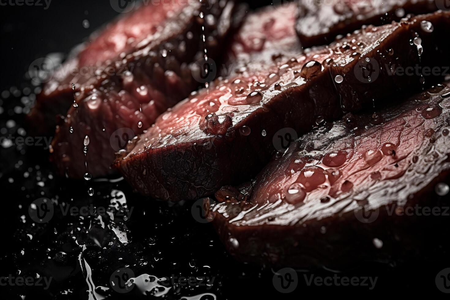 AI generated Beef steak with water drops on a black background photo